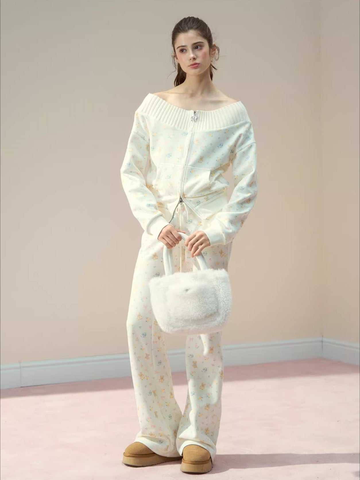 Floral Bear Bunny Off-Shoulder Sweatshirt & Pants Set