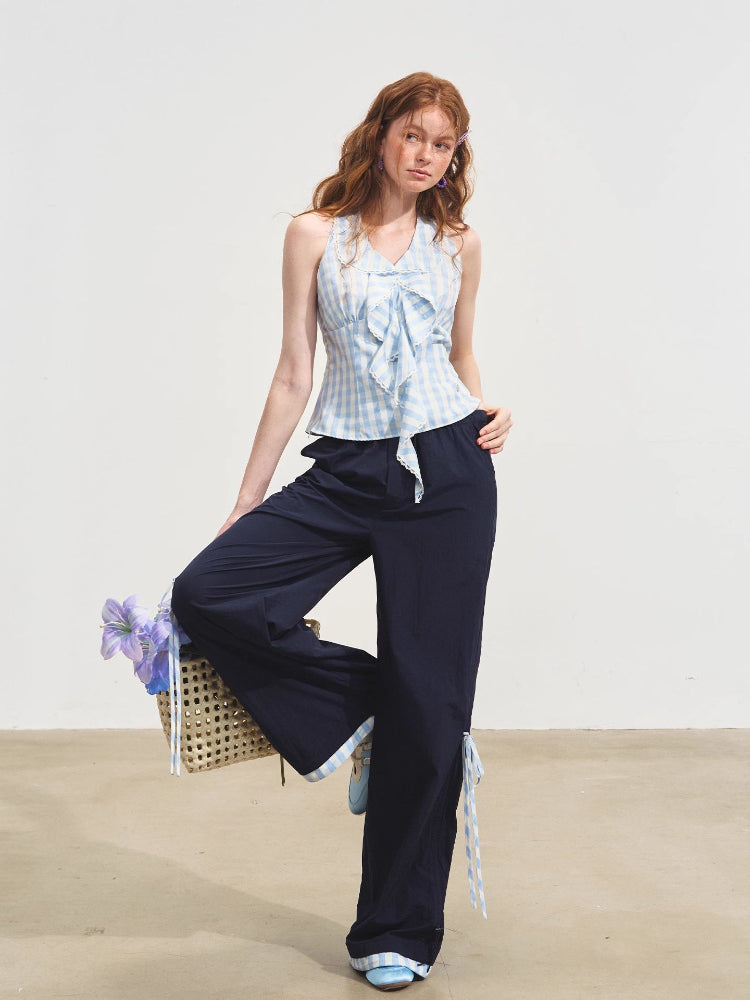 Floral-Patchwork Lightweight Checkered Utility Pants