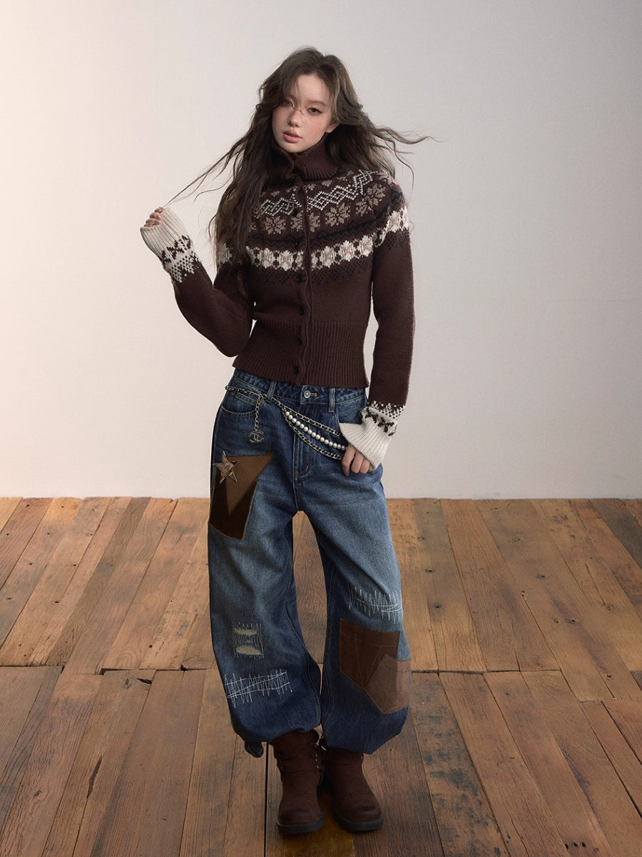 Fair Isle Heavy-Duty Knit Turtleneck Cardigan