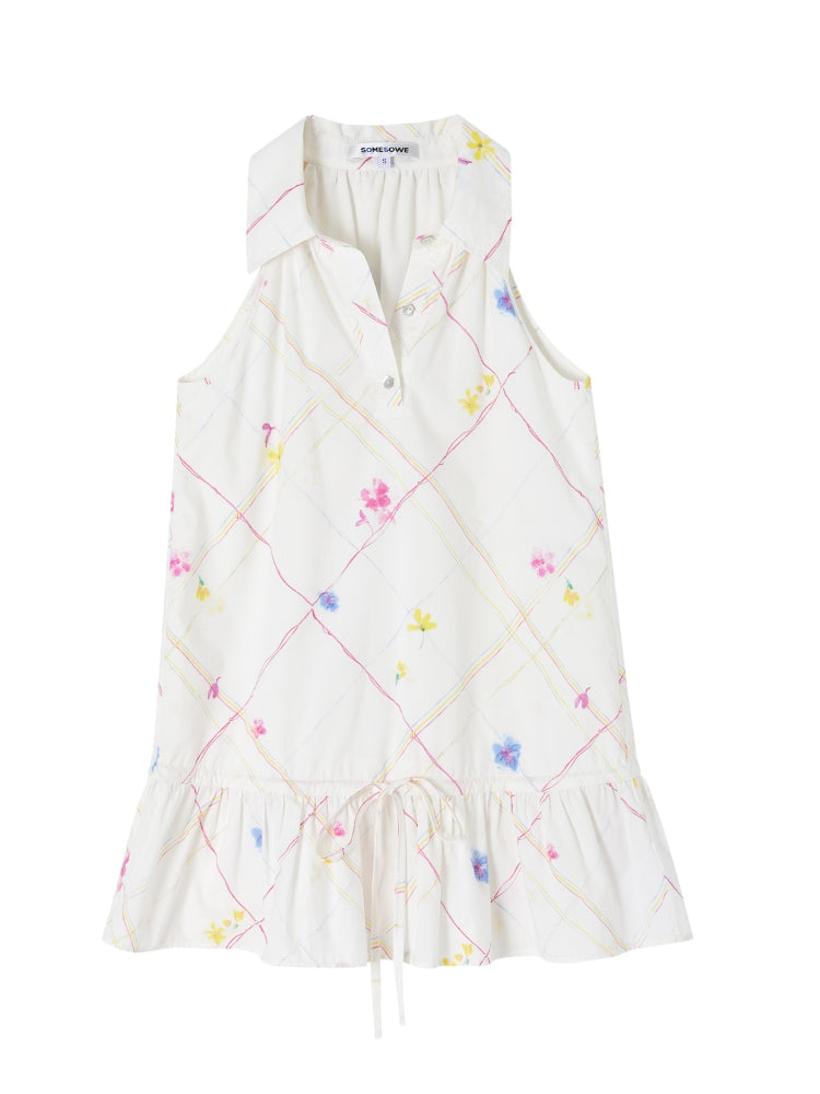 French-Style Printed Sleeveless Halter Tie-Up Top