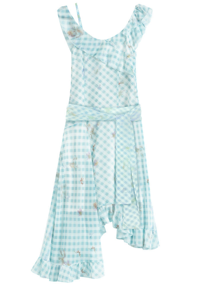 Checkered Print Asymmetrical Slip Dress