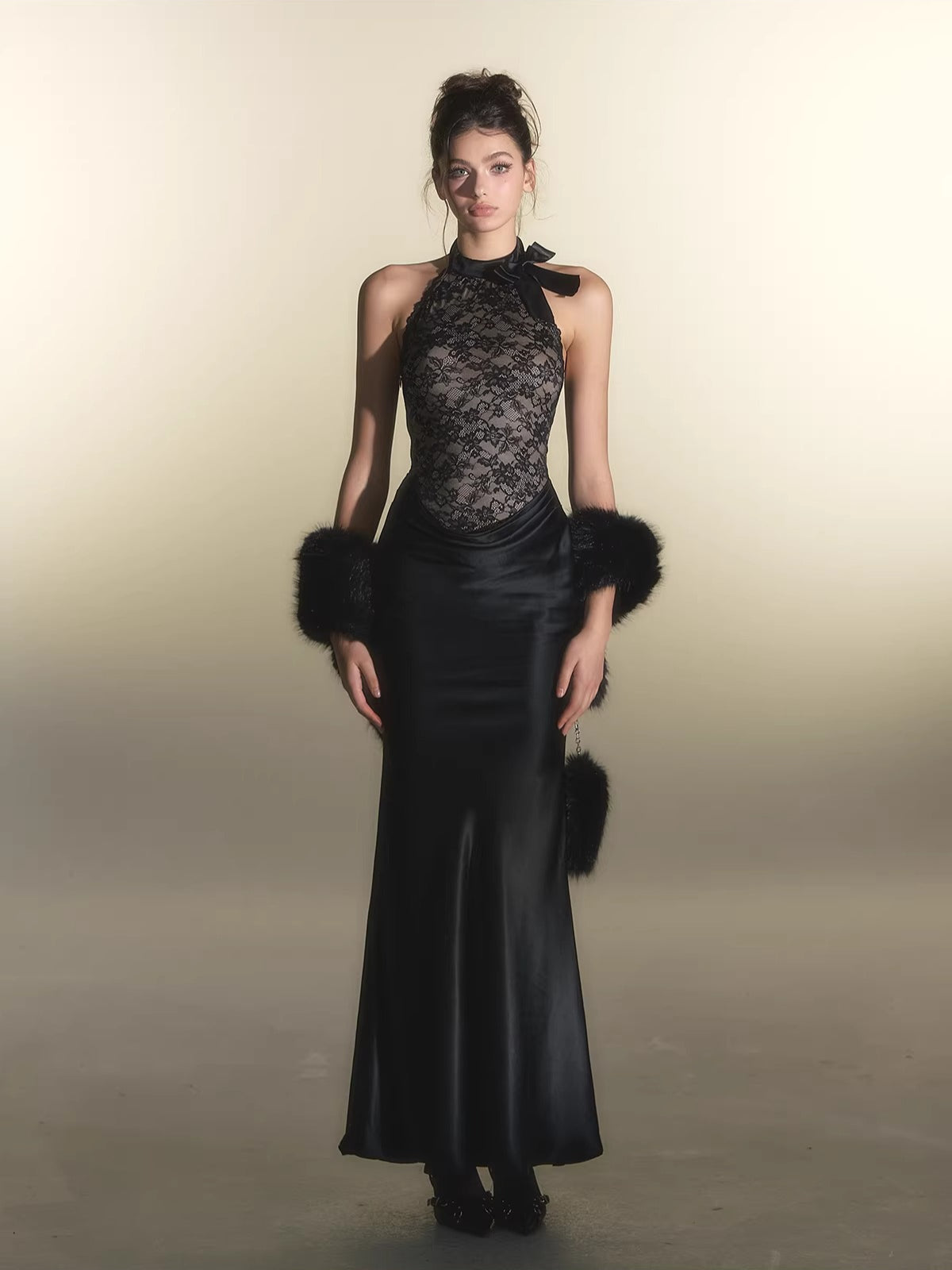 Black Lace Panel Acetate Dress