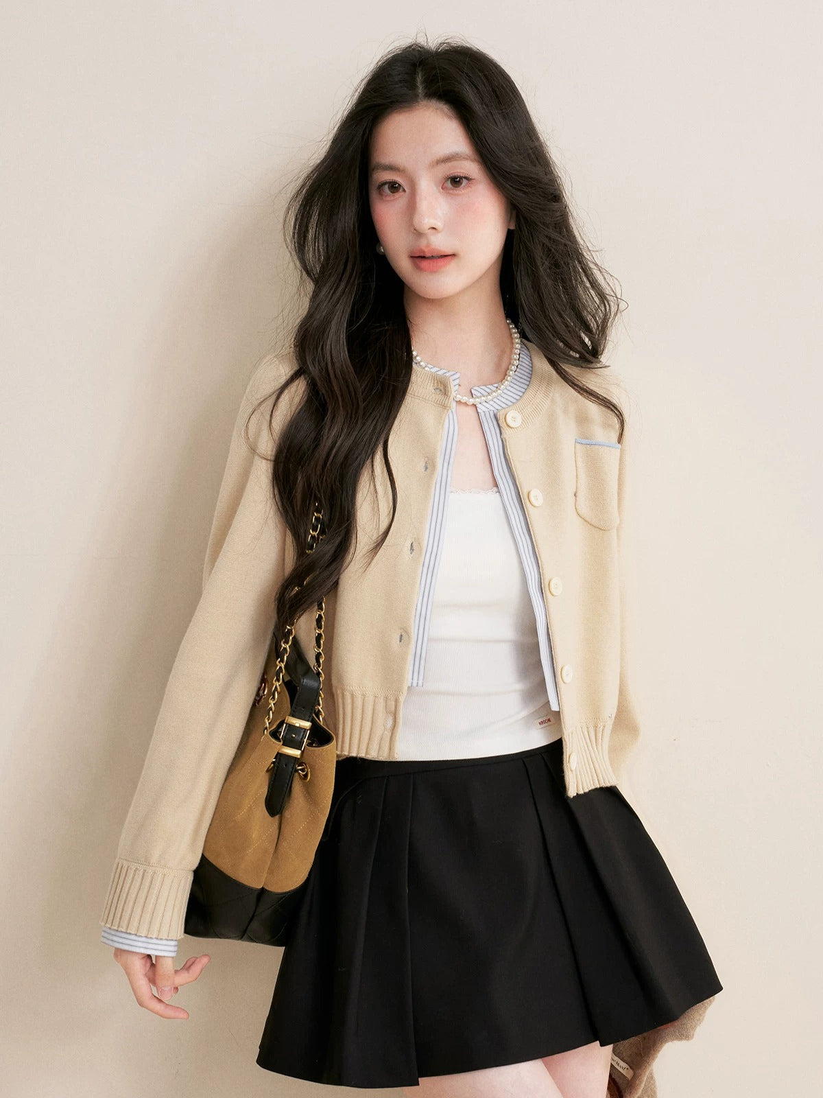 Apricot Contrast Layered Cardigan
