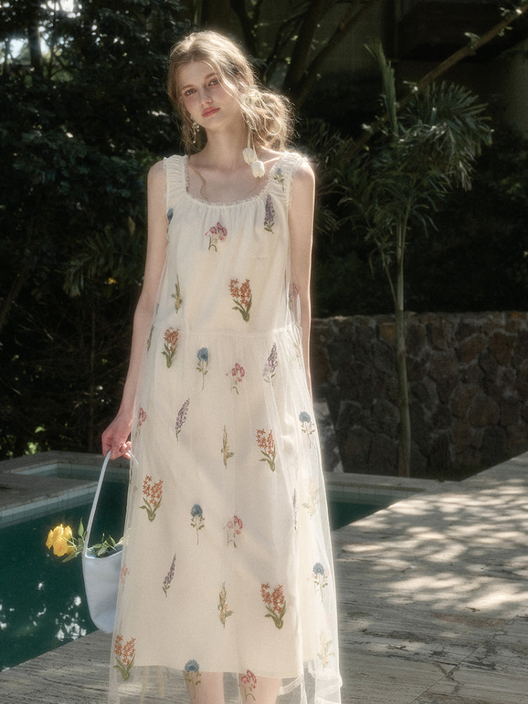 Gauze Flower Embroidered Double - Layer Sundress