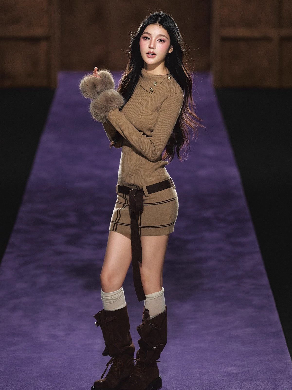 Turtleneck Fuzzy-Cuff Knit Dress