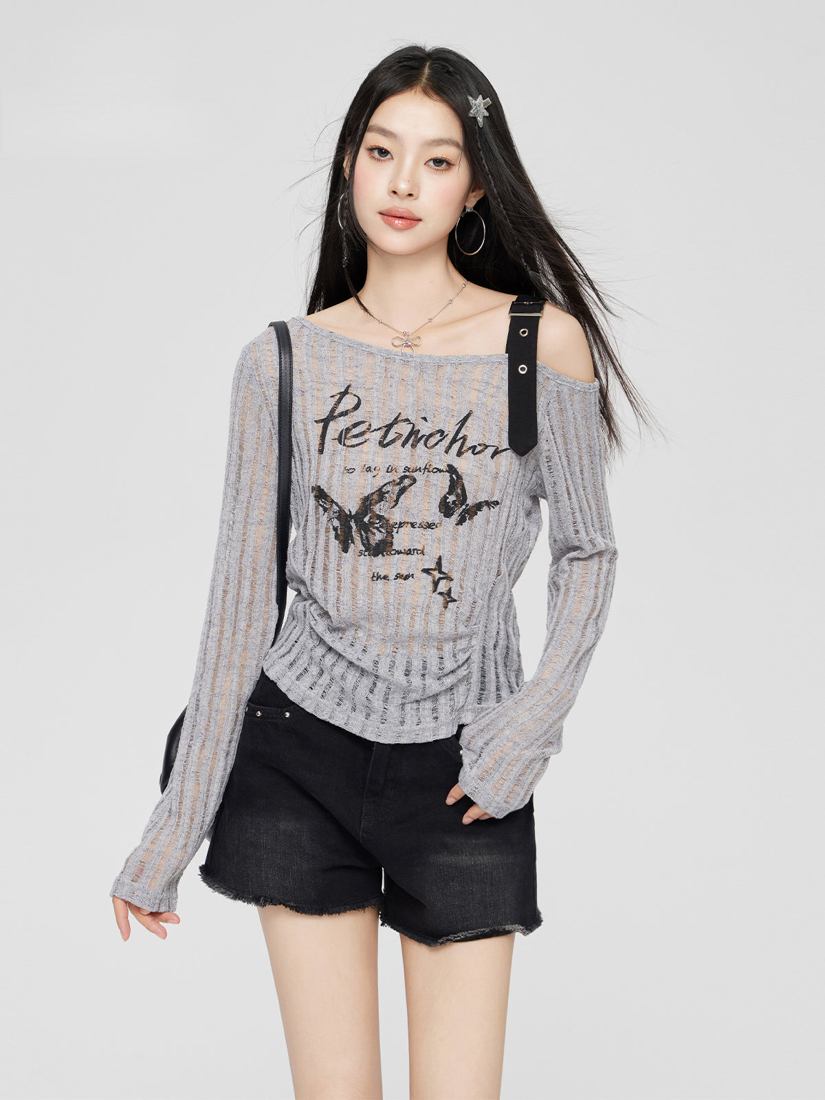 Gray & Beige Hollow Off-shoulder Long Sleeve T-shirt