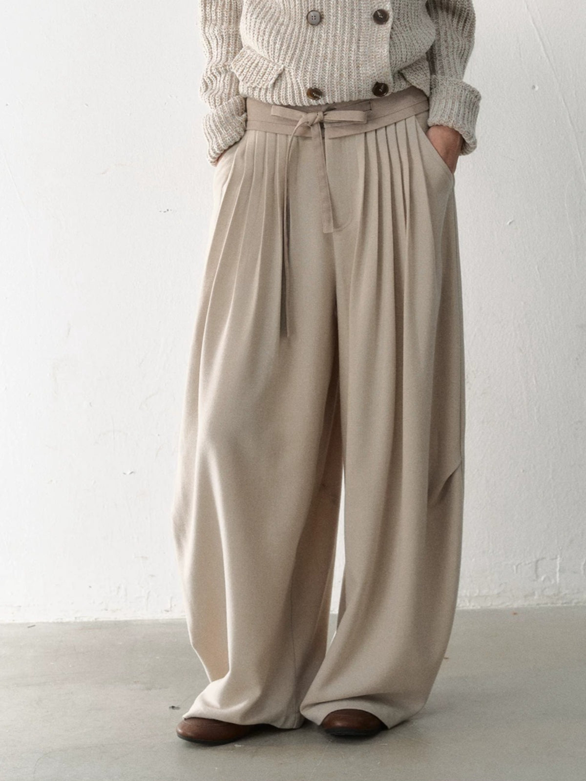 Pleated Tie-Waist Wide Leg Trousers