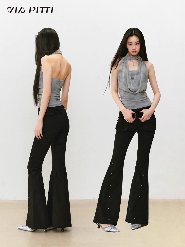 Chain Swing-neck Halter Neckline-gathered Waist Tank Top