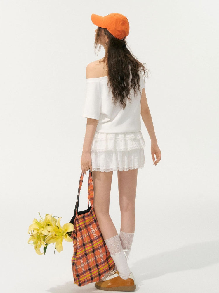 Off-Shoulder Pearl Embroidered Asymmetrical T-shirt