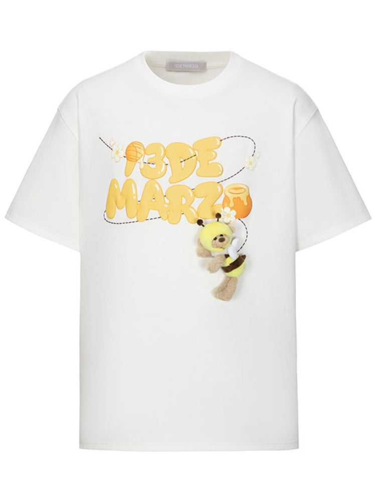 Bee Bear Illustration Round-Neck Cotton T-Shirt
