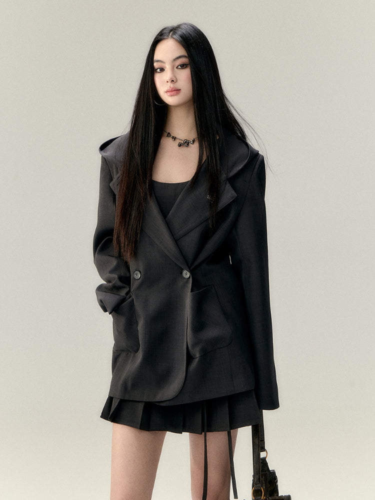 Hooded Waist Cinching Double-Breasted Blazer