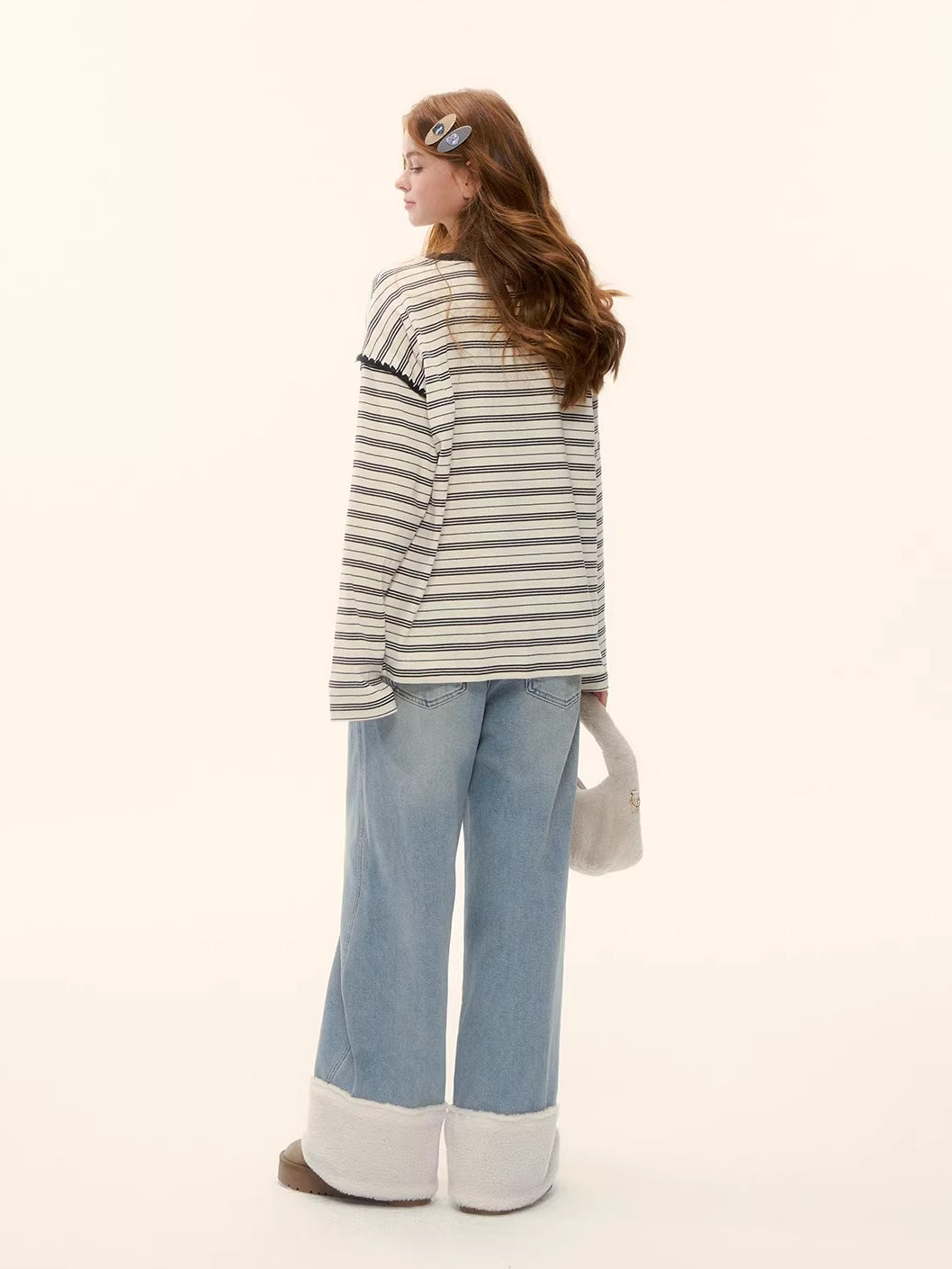 Blue Shearling-Trim Straight-Leg Denim Pants