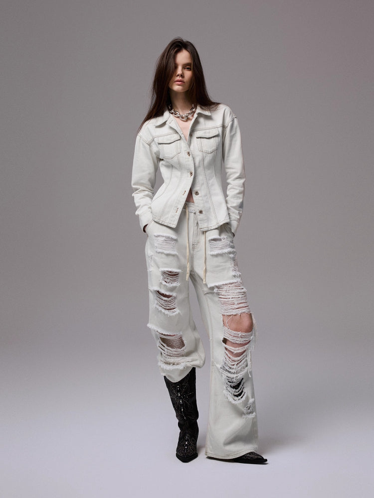 Distressed White Structured Denim Jacket