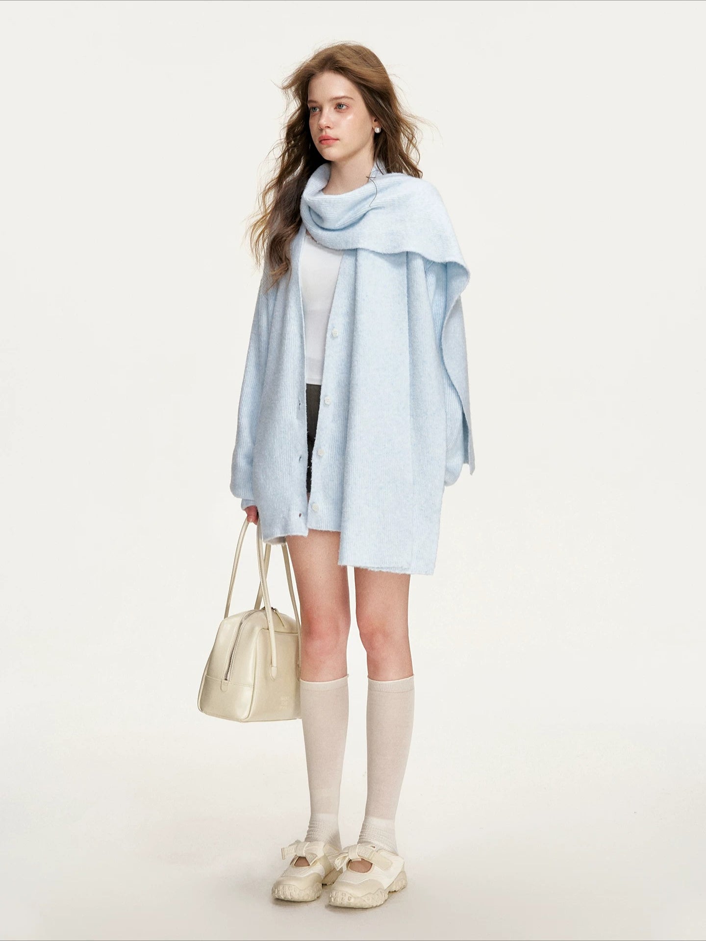 Mock-Layer Scarf Collar Chunky Cardigan