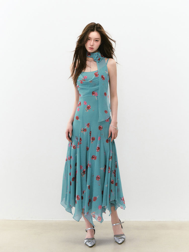 Flowing Flower Waist-cinched Cowl-neck Dress