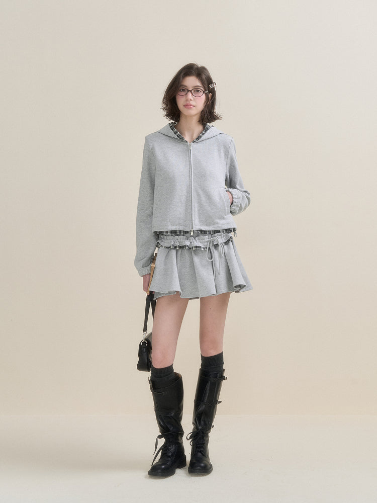 Gray Plaid Spliced Hoodie & Skirt Set