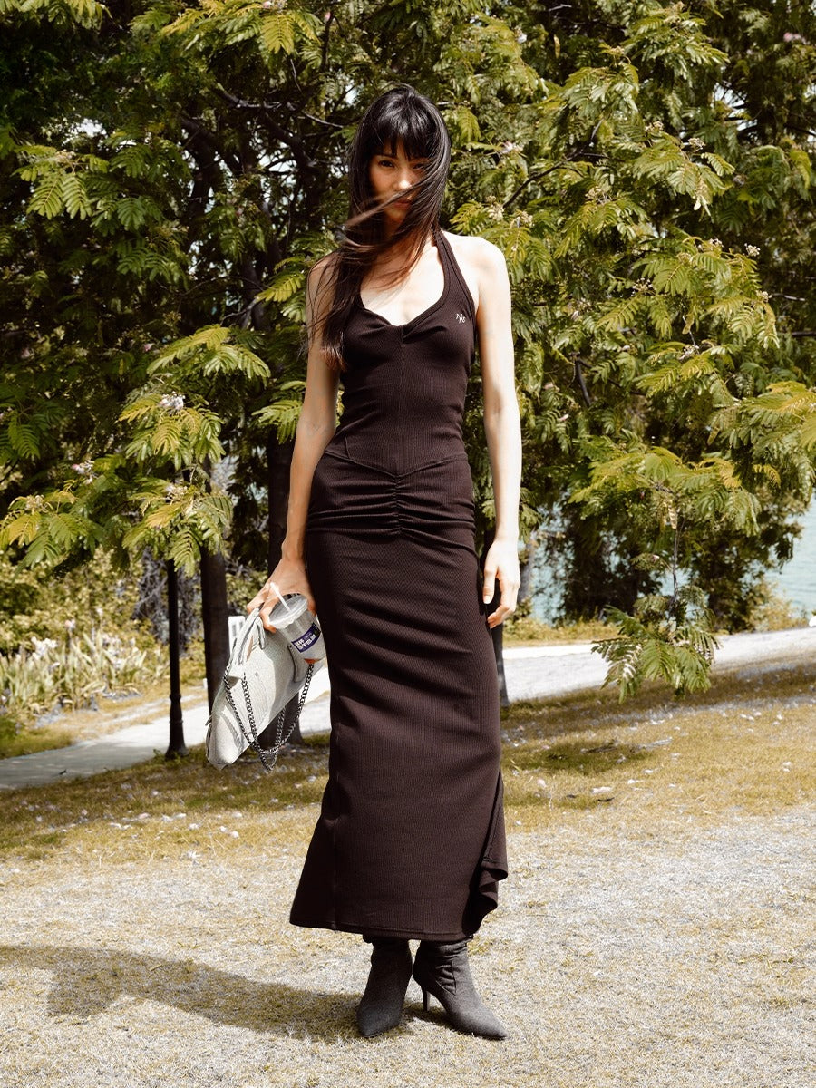 Black Ribbed Halter Bodycon Dress