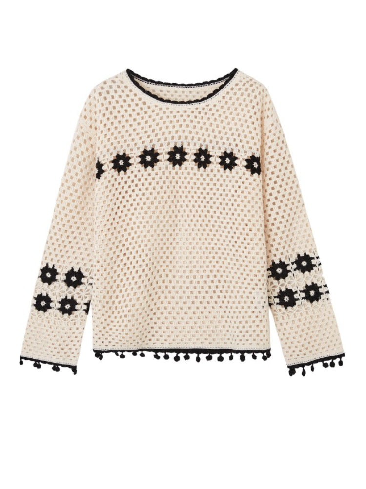 Hollow Out Pullover Crochet Crew Neck Sweater