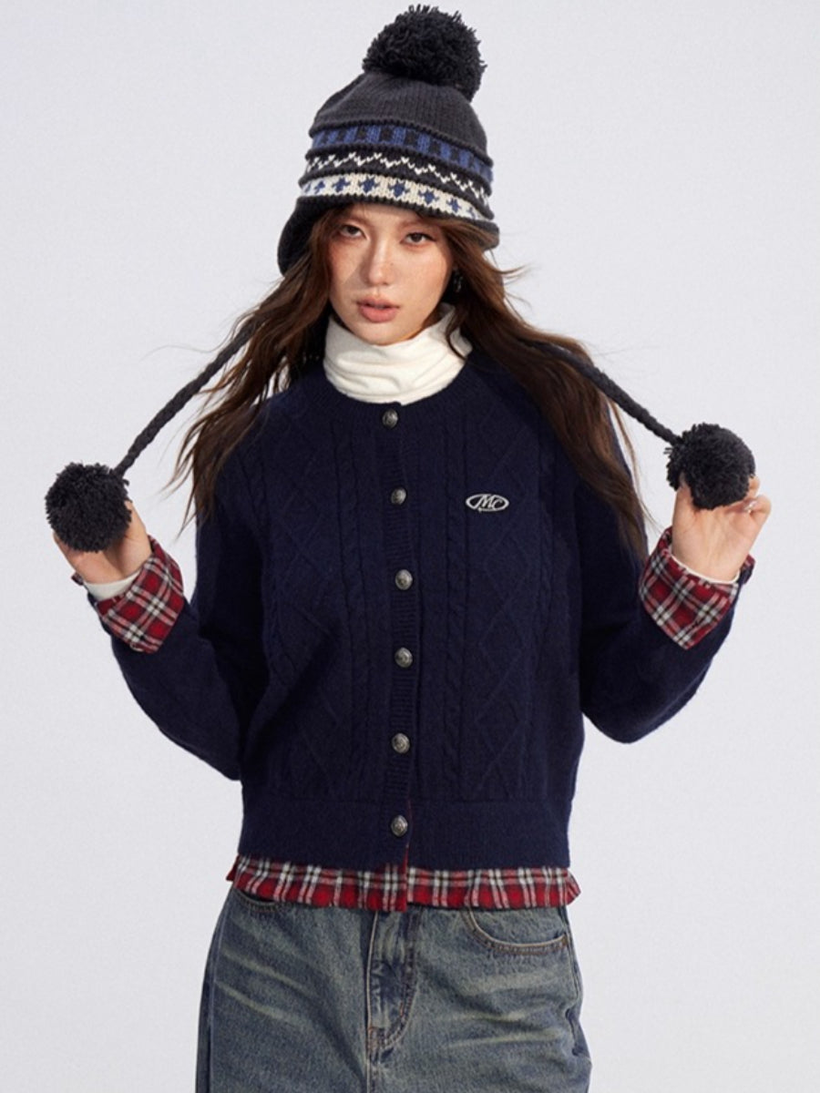 Plaid Trim Knit Cardigan