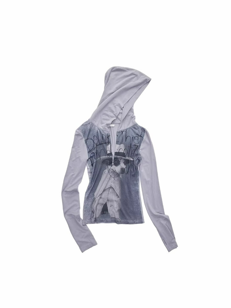 Letter Print Hooded Zip Tee