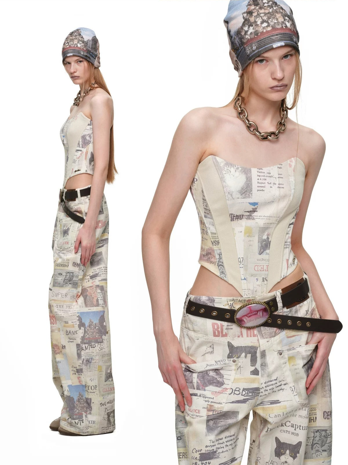 Cat Newspaper Print Canvas Pants