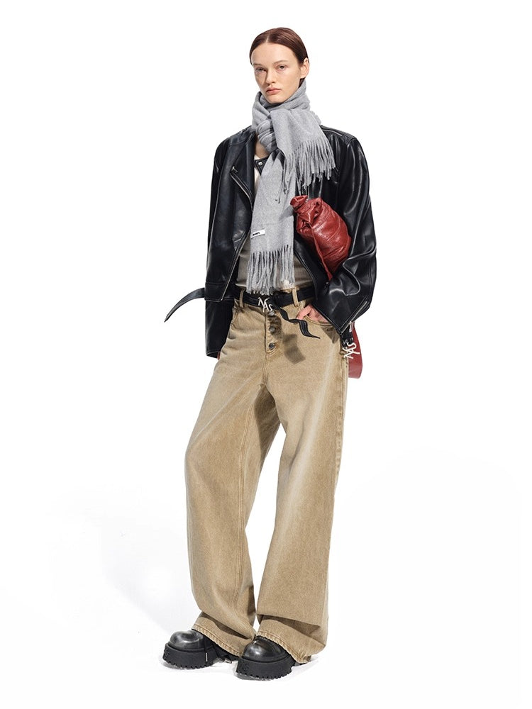 "Dejembe Series"Satin-Finish PU Leather Moto Jacket