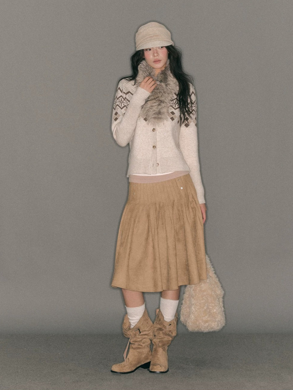 Side-Button Faux Suede Pleated Skirt