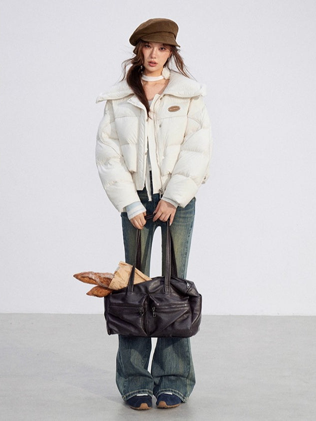 Large Lapel Knit-Panel Down Jacket