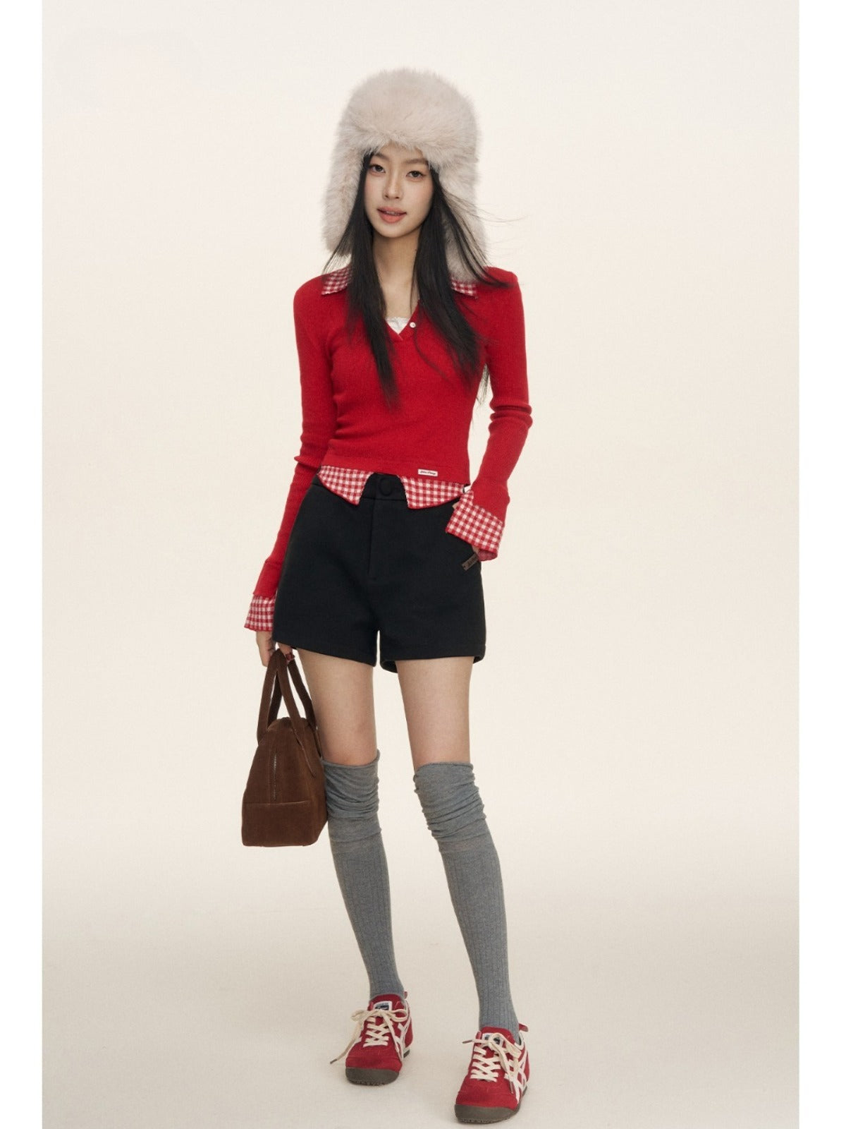 Gingham Layered Polo Knit Top