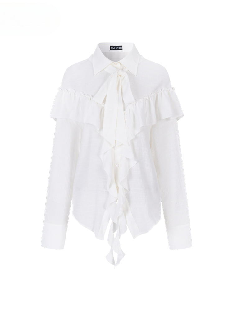 White Ruffled Drawstring Long-Sleeve Shirt