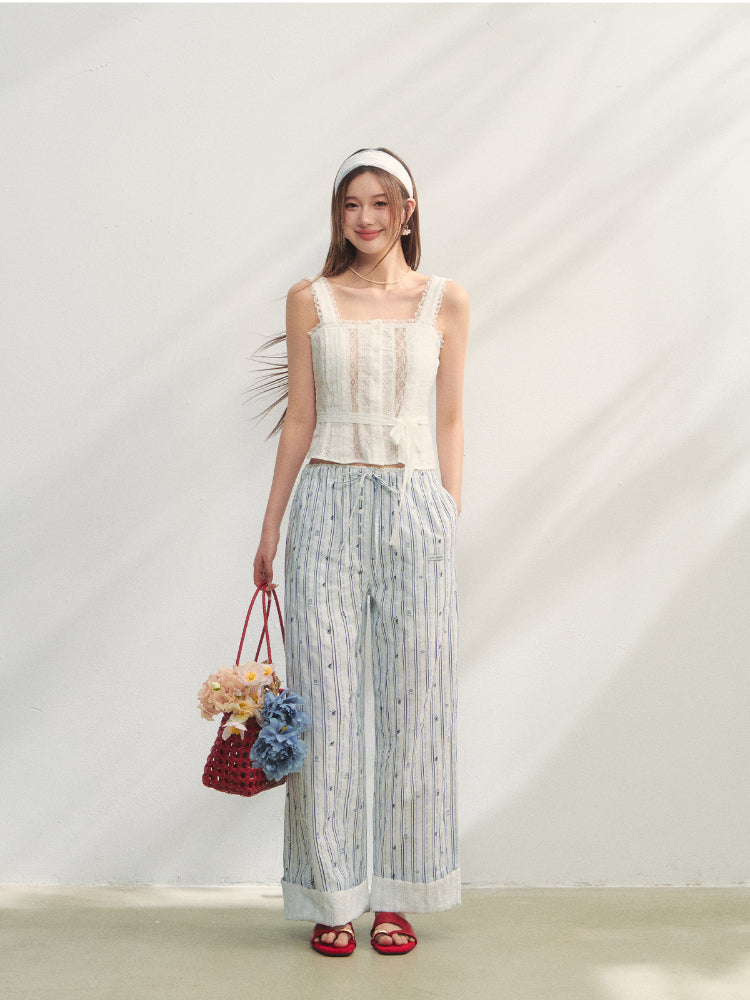 Striped Print Patchwork Embroidery Lace Straight Pants