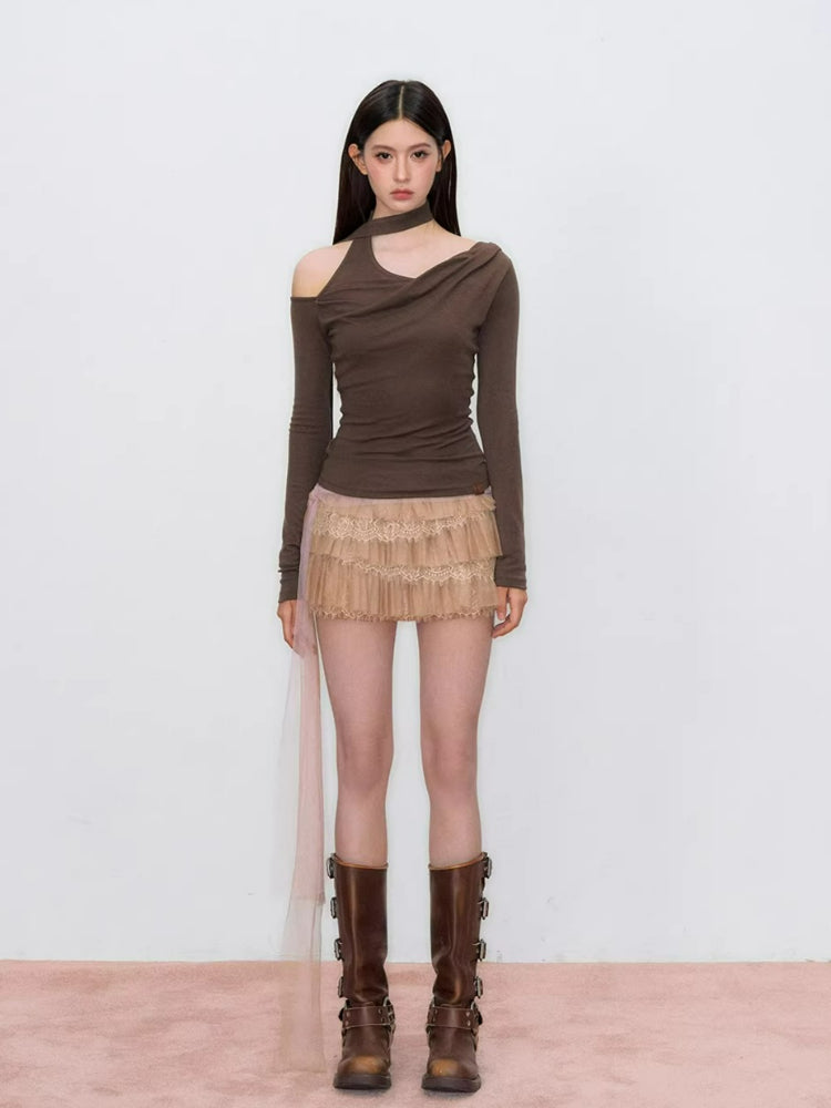 Asymmetrical Ribbon Off-Shoulder Knit Tee