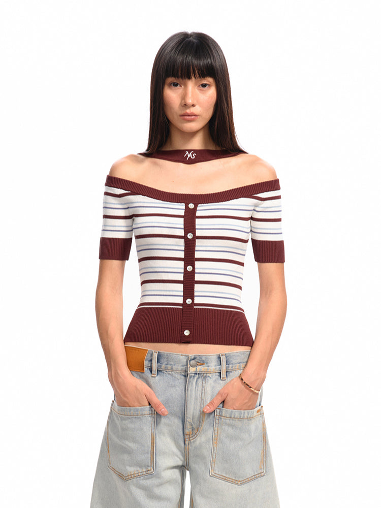 One-Shoulder Halter Neck Color-Block Striped T-shirt