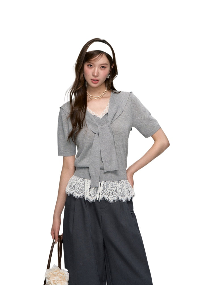 V-neck Lace Knit Short-sleeve T-shirt