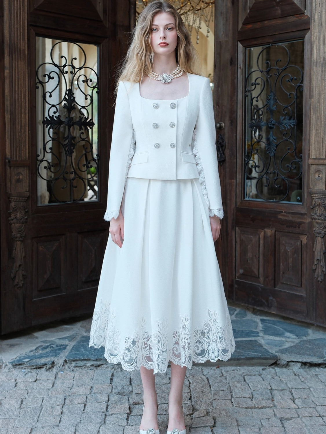 Mirage Vintage Lace-Collar Blazer & Flared Skirt Set