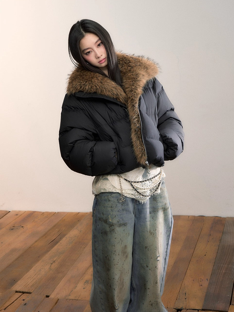 Colorblock Detachable Fur Down Jacket