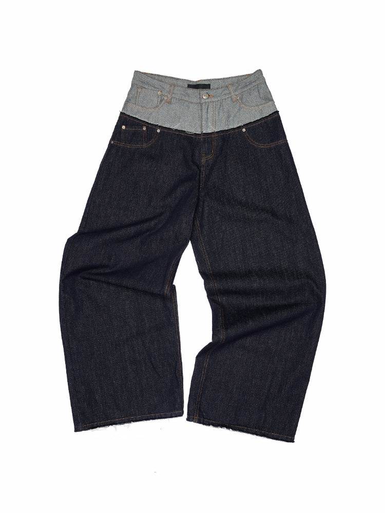 Double Waistband Raw Denim Wide-Leg Jeans