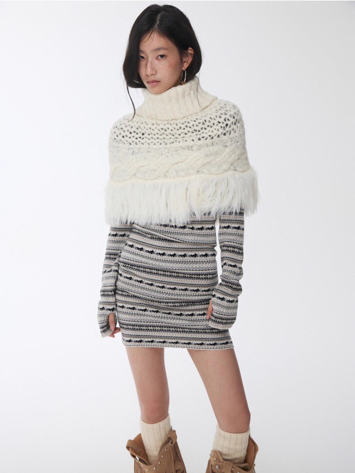 Fair Isle Off-Shoulder Jacquard Knit Dress