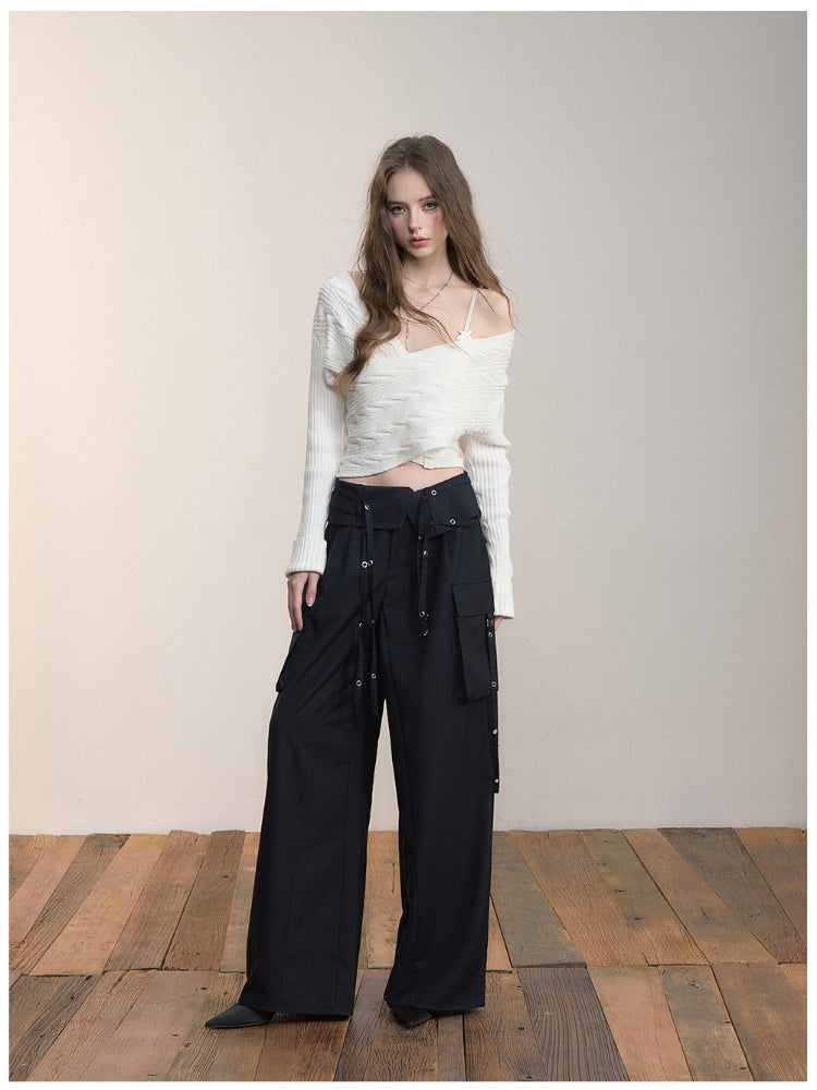Folded Waist Three-Dimensional Pocket Casual Pants