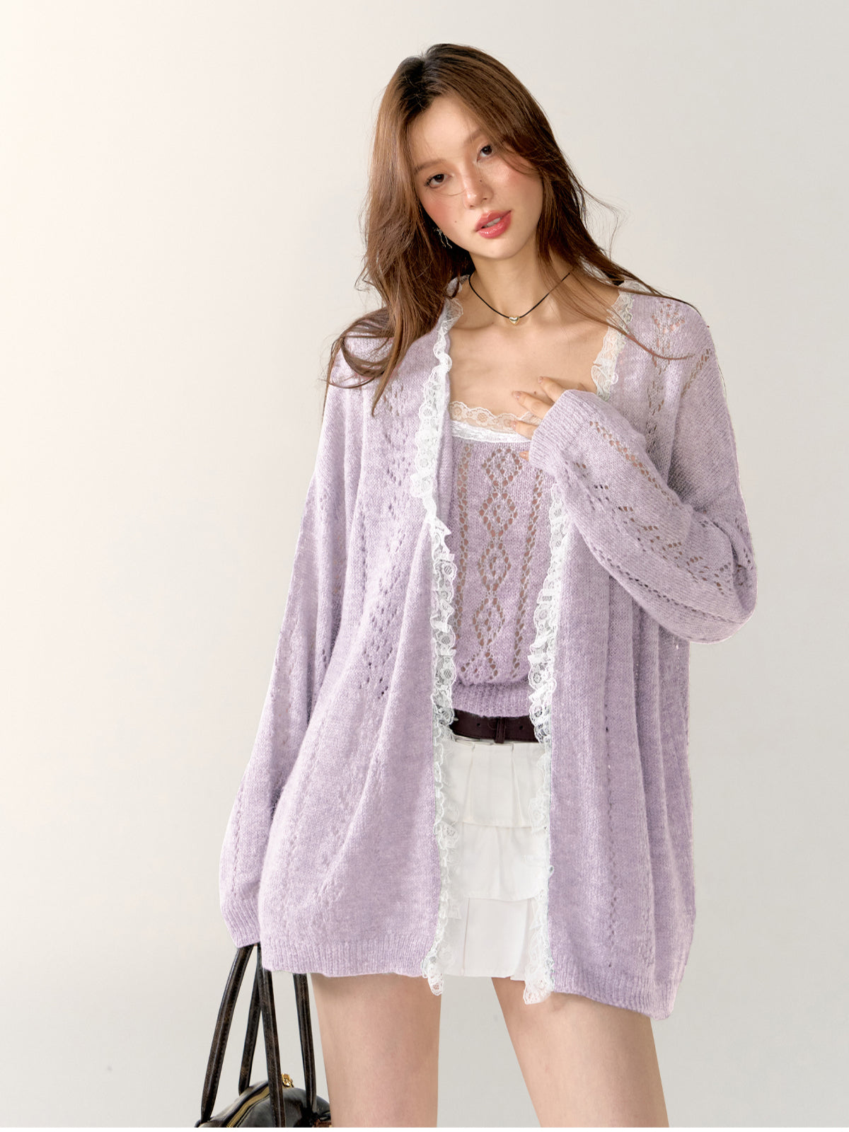 Gray & Purple Lace Trim Cardigan