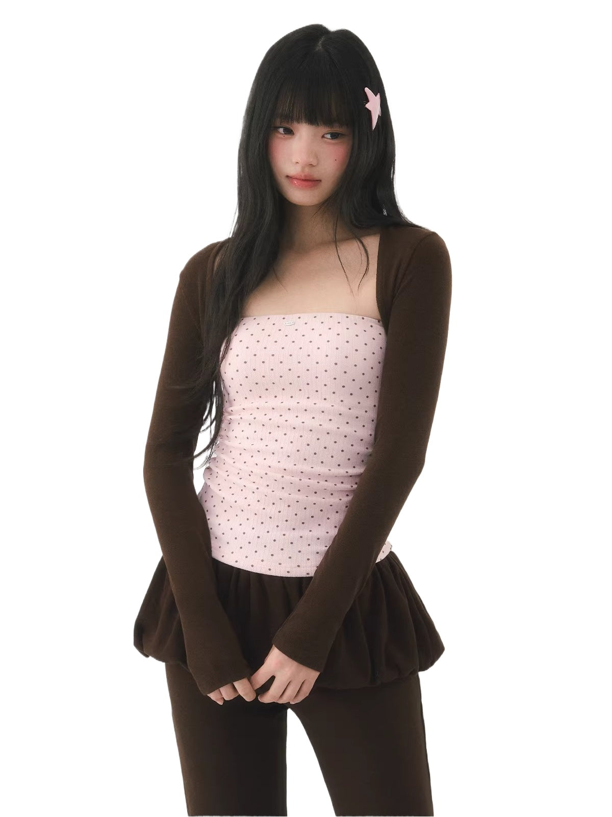 Contrast Polka Dot Crop Top & Cardigan Set
