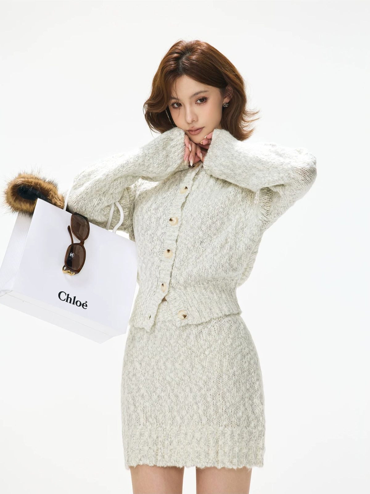 Wool Knit Cardigan & Skirt Set