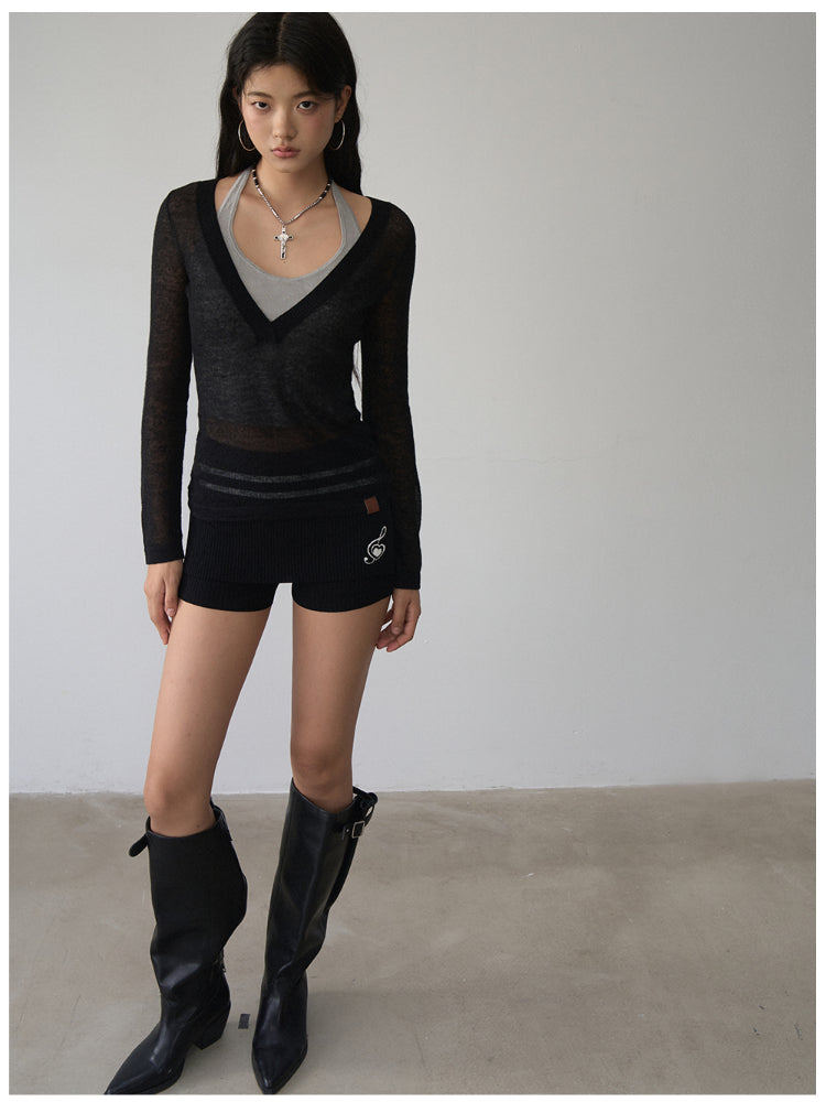 Fake Two-Piece Halter V-Neck Knit Sweater