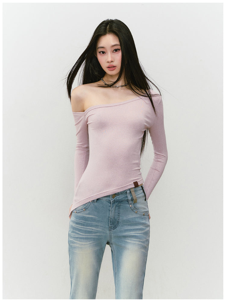Shimmer Asymmetric Shoulder Irregular T-shirt