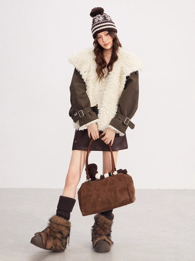 Sheepskin Splicing Quilted Boxy Short Jacket