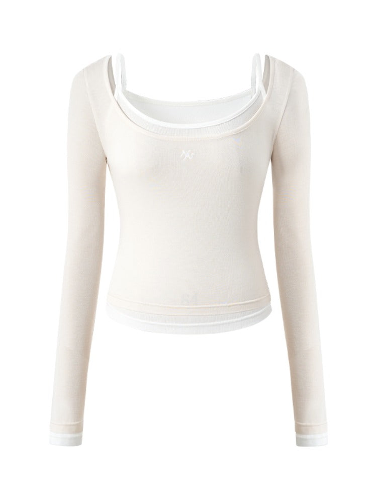 Color-block Two-piece Integrated Strap Layered T-shirt Top