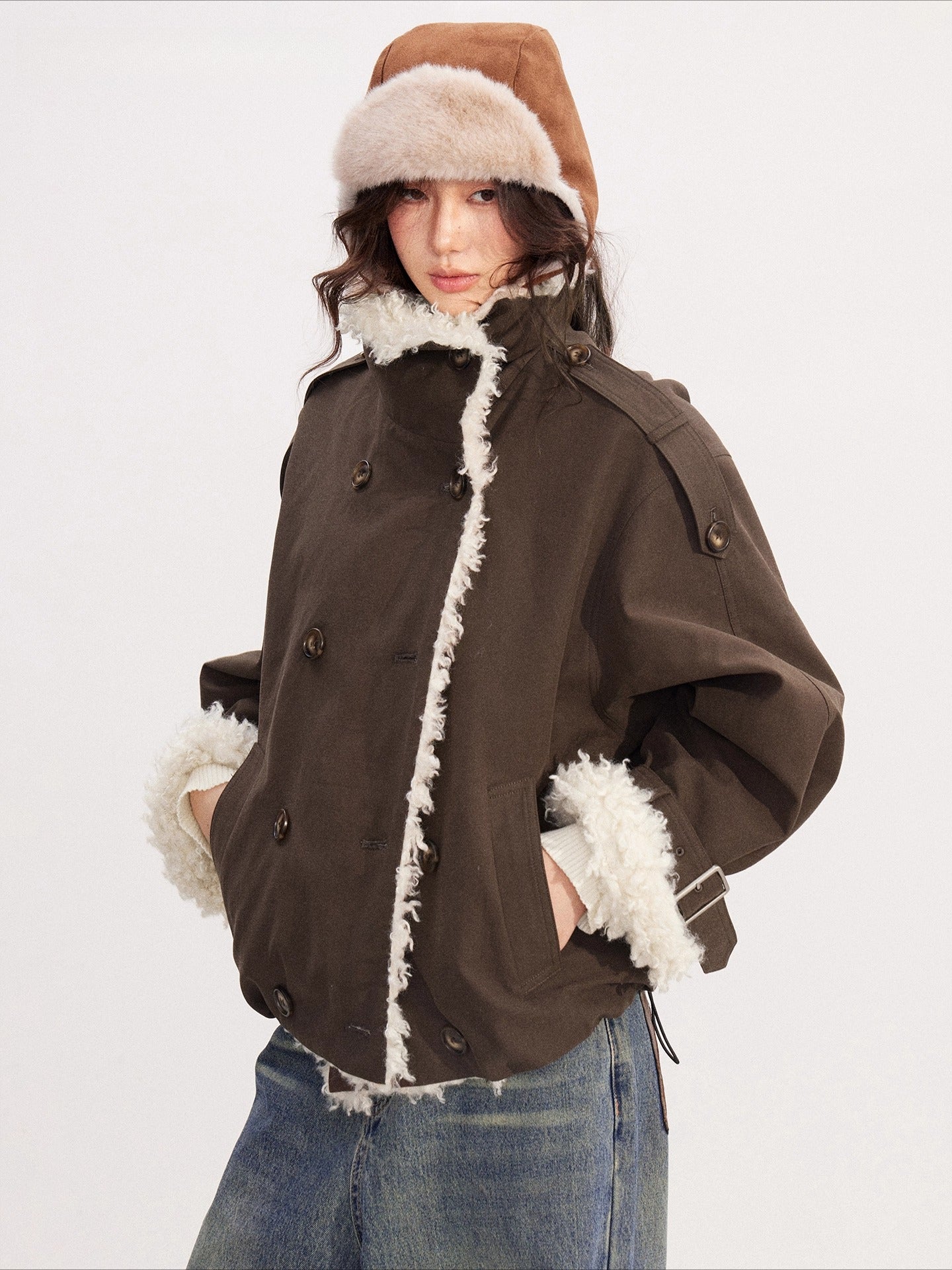 Sheepskin Splicing Quilted Boxy Short Jacket