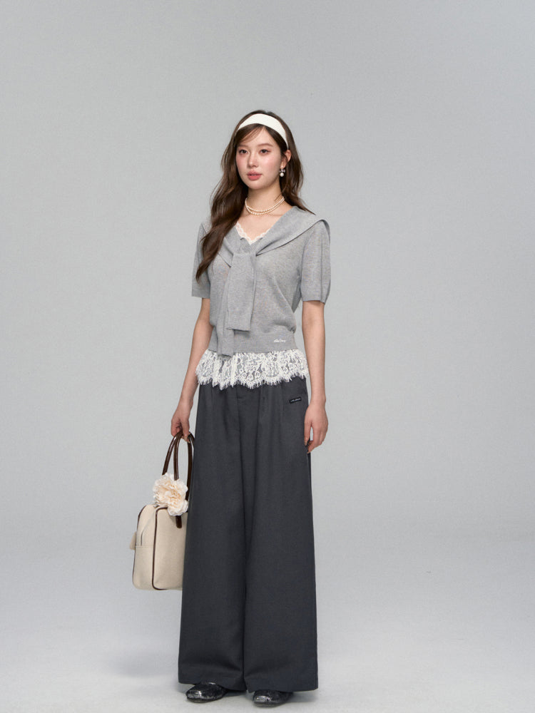Lace Spliced V-Neck Knitted T-Shirt