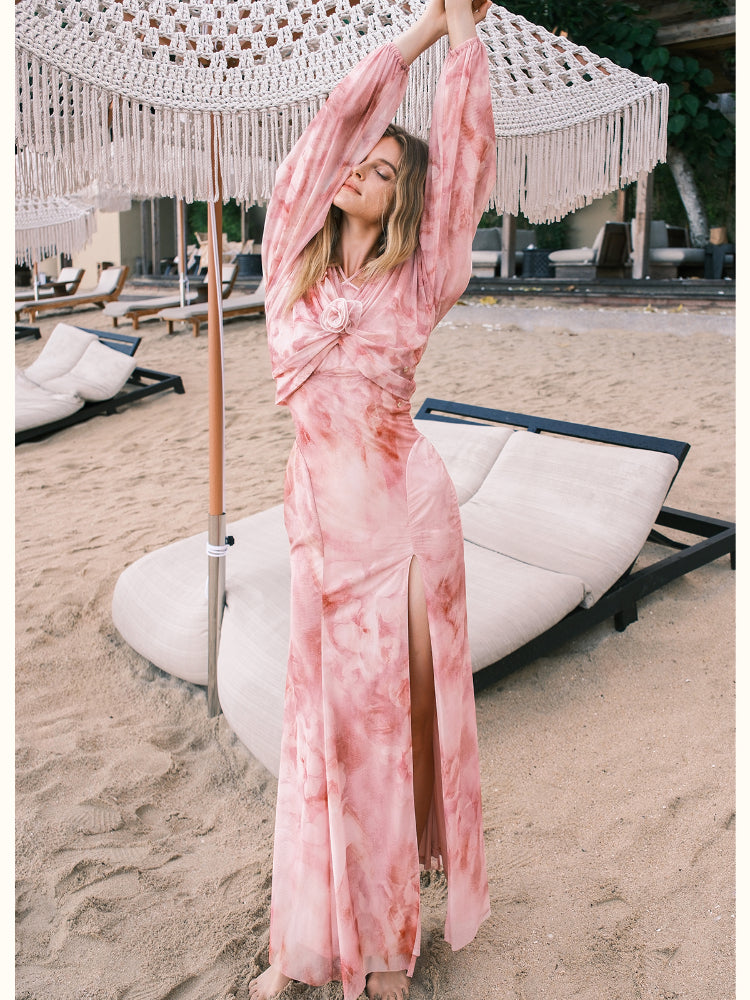 Net Fabric Halter Neck Backless High Slit Floral Print Dress