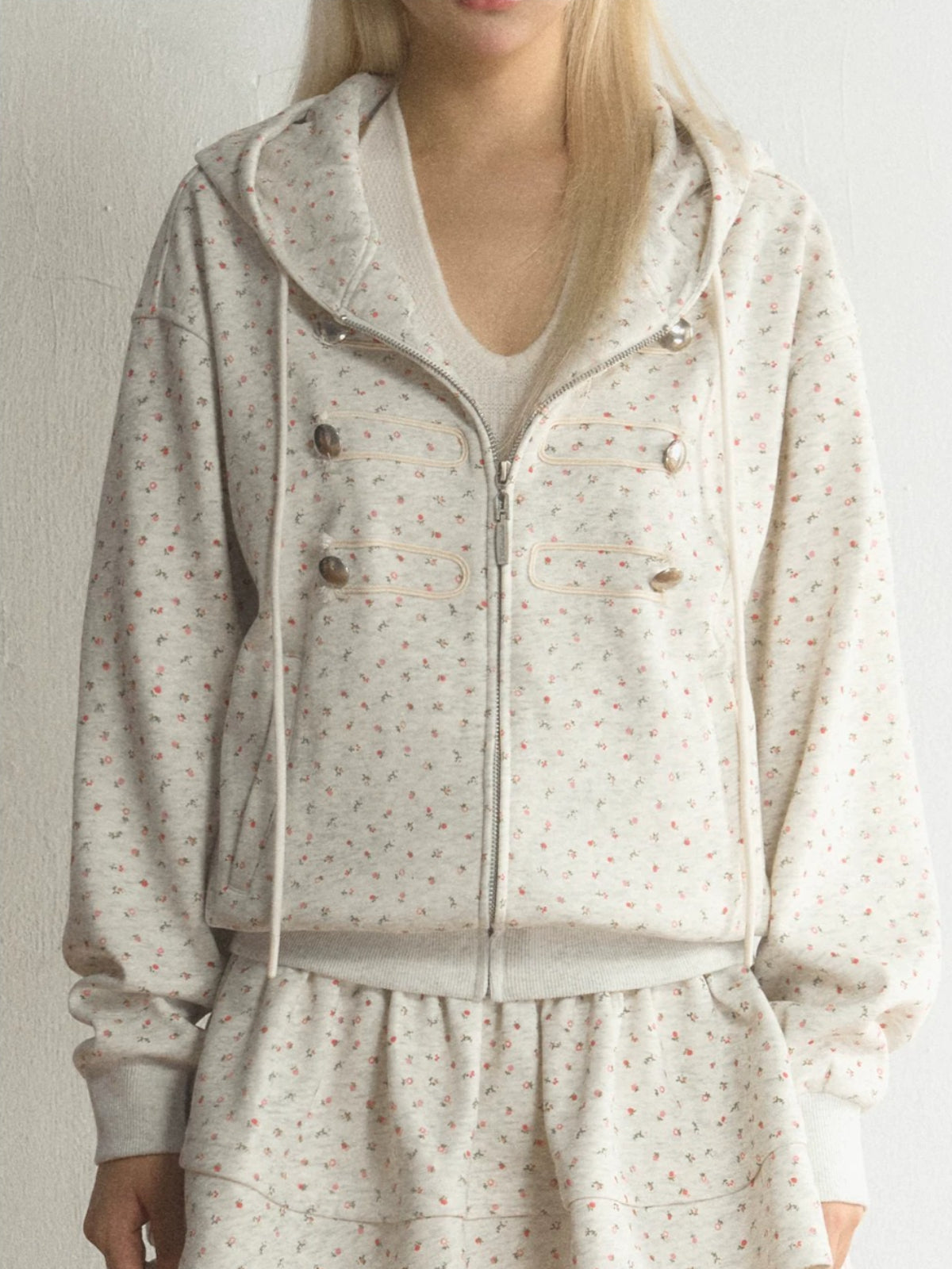 Floral Military Detail Zip-Up Hoodie